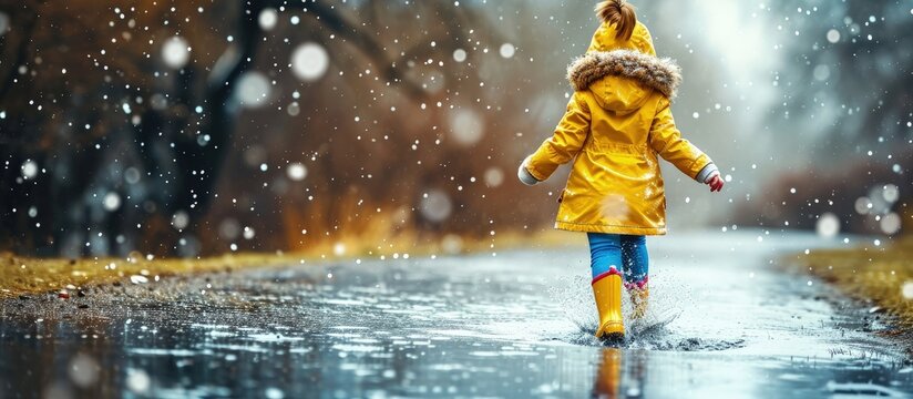 Close up of little toddler girl wearing yellow rain boots and walking during sleet on rainy cloudy day Cute child in colorful clothes jumping into puddle splashing with water outdoor activity