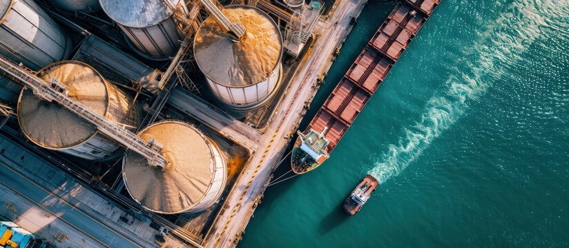 Aerial view of big grain elevators on the sea Loading of grain on a ship Port Cargo ship. Creative Banner. Copyspace image