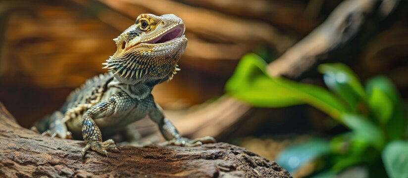 Cute baby of bearded agama dragon is sitting on log in his terrarium with open mouth Exotic domestic animal pet The content of the lizard at home. Creative Banner. Copyspace image