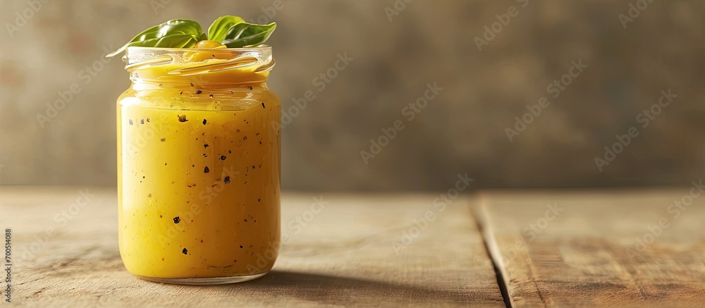 Poster homemade honey mustard salad dressing in a jar. creative banner. copyspace image