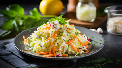 Freshly shredded white cabbage and grated carrot