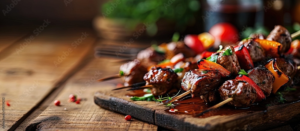 Poster barbecue skewers meat kebabs with vegetables on flaming grill. creative banner. copyspace image