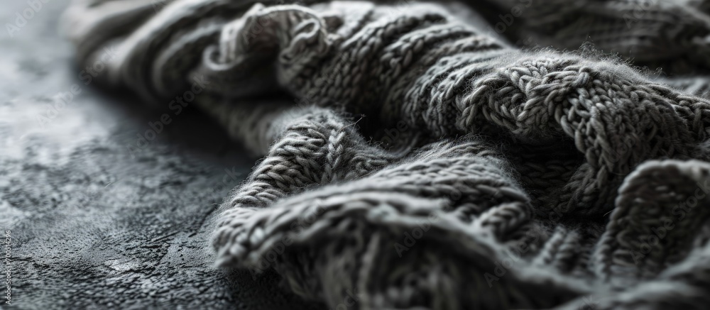 Poster a stack of gray knitted winter sweaters on a dark background. creative banner. copyspace image