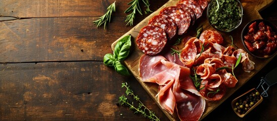 Different Italian ham and salami with herbs. Creative Banner. Copyspace image