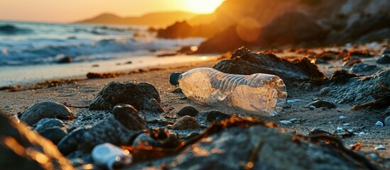 A plastic bottle lies on the sandy beach and pollutes the sea and the life of marine life The concept of pollution control of the seas and oceans by plastic Beat Plastic Pollution. Creative Banner - obrazy, fototapety, plakaty