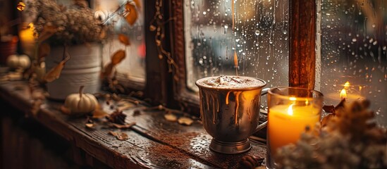 Hot cocoa drink with whipped cream and caramel in a white metal cup Caramel is dripping Autumn calm...
