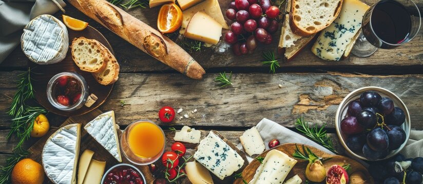 Different kinds of cheeses wine baguette fruits and snacks on rustic wooden table from above French tasting party or feast scenery. Creative Banner. Copyspace image