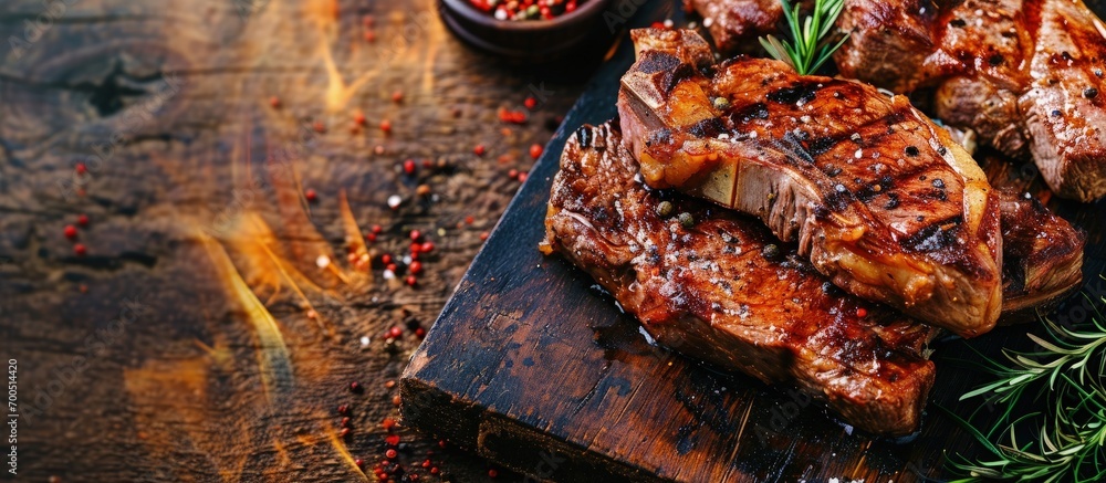 Poster beef steaks on the grill with flames banner menu recipe place for text top view. creative banner. co