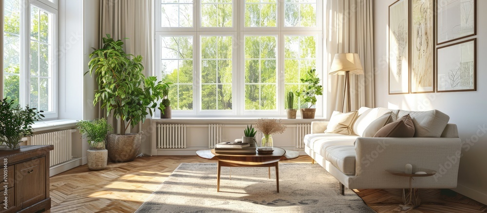 Aufkleber light living room with window coffee table and large sofa. creative banner. copyspace image