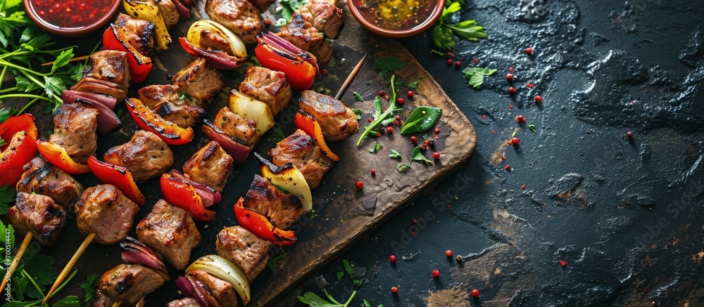 Poster barbecue skewers meat kebabs with vegetables on flaming grill. creative banner. copyspace image