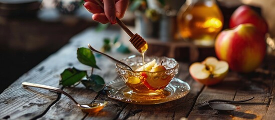 A woman s hand dips an apple in honey at a meal at the festive table in honor of Rosh Hashanah Horizontal photo. Creative Banner. Copyspace image