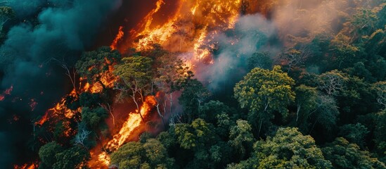 Aerial view of a forest fire out of control during a summer in southern Honduras. Creative Banner. Copyspace image
