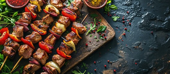 Barbecue skewers meat kebabs with vegetables on flaming grill. Creative Banner. Copyspace image