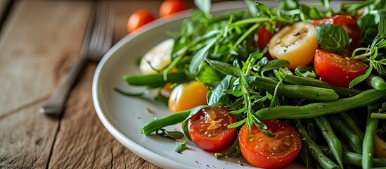 Green beans and tomato salad on white plate. Creative Banner. Copyspace image
