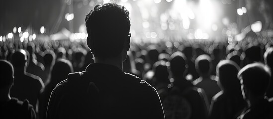 Black and White Silhouette People on Shoulders in Crowd at a Music Festival Backlit. Creative...