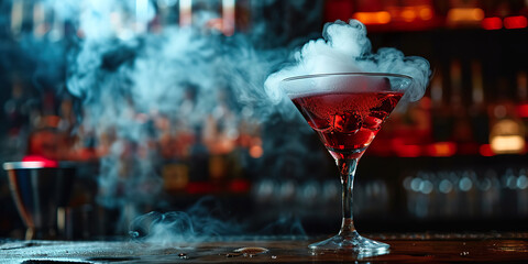 Artistic cocktail with dry ice effect, modern glass, copy space
