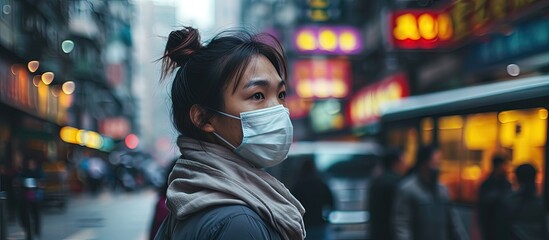 Asian woman wearing a protective face mask on a city street with air pollution. Creative Banner. Copyspace image