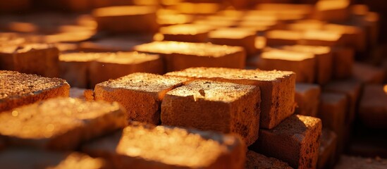 Bricks forming press at factory for silica production. Creative Banner. Copyspace image