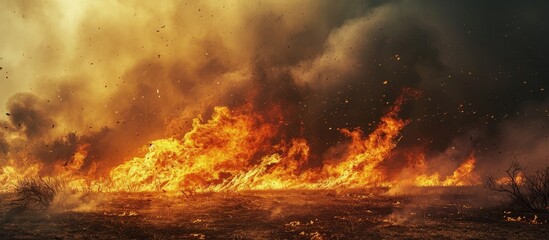 Explosion in wildfire with strong wind and drought. Creative Banner. Copyspace image