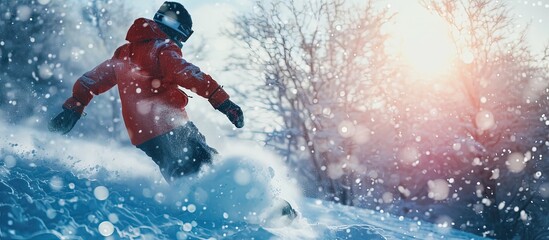 falling young man on snowboard at snowy winter. Creative Banner. Copyspace image