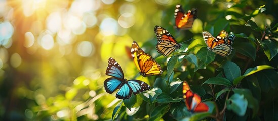 Obraz premium Colorful beautiful butterflies are floating on the green leaves of green trees looking very beautiful green nature around open sky shining sun around. Creative Banner. Copyspace image