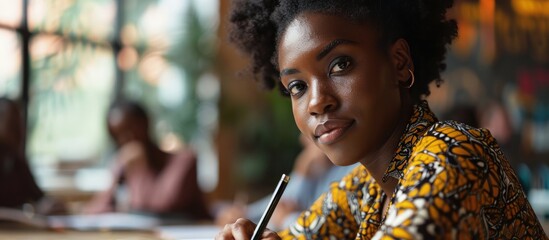 African female psychologist making notes and talking to group of difficult teenagers during therapy session. Creative Banner. Copyspace image