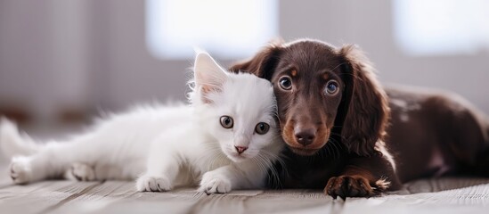 cat and dog dachshund puppy chocolate color and White kitten. Creative Banner. Copyspace image - obrazy, fototapety, plakaty
