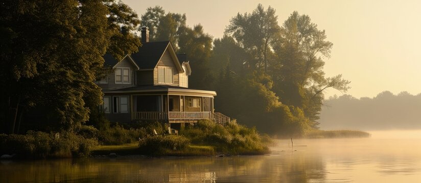 Lake house in early morning fog at dawn Lake house at sunrise. Creative Banner. Copyspace image