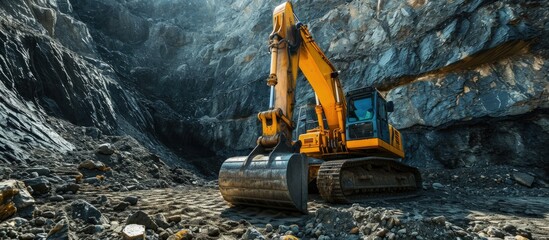 A large yellow wheeled excavator is working in a quarry Heavy construction hydraulic equipment excavation Rental of construction equipment Development of minerals. Creative Banner. Copyspace image - obrazy, fototapety, plakaty