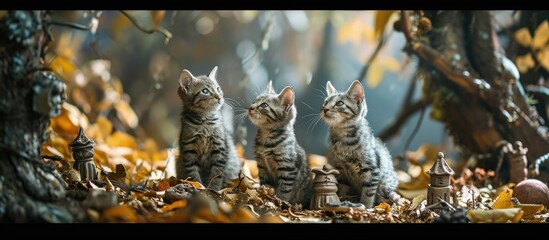 Clay figurines in an enchanted forest setting Three cats with upright tails stand among the fallen leaves. Creative Banner. Copyspace image