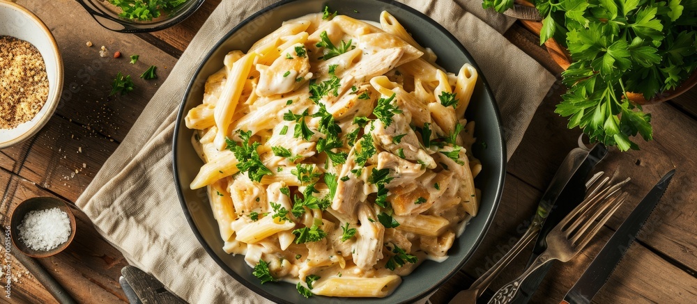 Poster homemade chicken alfredo penne with parsley on cloth top view overhead from above flat lay. creative