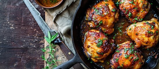 Homemade Chimichurri Chicken thighs ready to eat on iron cast pan. Creative Banner. Copyspace image