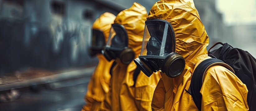 Decontamination of biohazard team of emergency medical service in protective suits. Creative Banner. Copyspace image