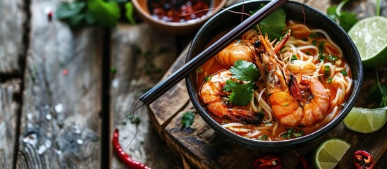 Bowl of curry laksa a spicy glass noodle dish popular in Southeast Asia with prawns bok choy lime ginger and chili Most variations of laksa are prepared with a rich and spicy coconut soup - obrazy, fototapety, plakaty