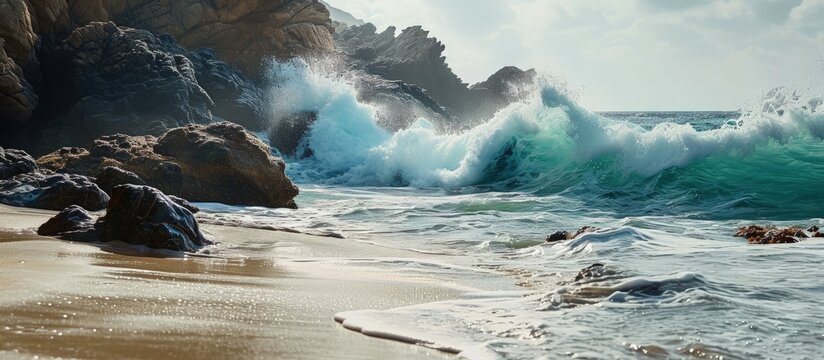 Gorgeous blue sky day with ocean waves crashing against sandy beach on rocky coastline. Creative Banner. Copyspace image