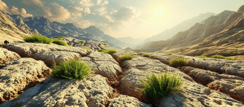 Disruption of ecological balance brings disasters with it Arid land and green field grass trees Photo manipulation. Creative Banner. Copyspace image