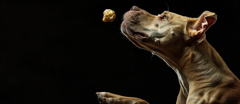 A fawn colored Pit Bull Terrier mixed breed dog about to catch a treat in the air. Creative Banner. Copyspace image