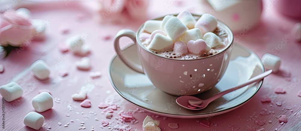Aufkleber cup of hot cocoa with heart shaped marshmallows. creative banner. copyspace image