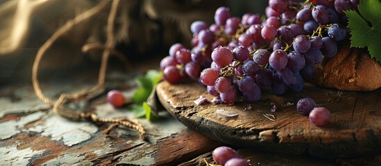 Grapes wine and Unleavened Bread for holy communion. Creative Banner. Copyspace image