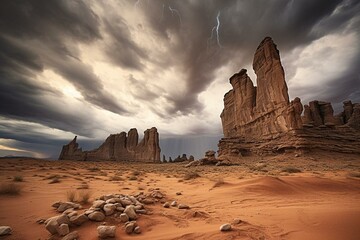 A surreal desert landscape with towering rock formations against a dramatic stormy sky. Generative AI