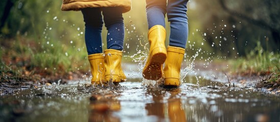Child in yellow rubber boots walking and jumping over a puddle Have fun outdoors Children activity. Creative Banner. Copyspace image