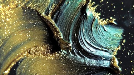 Golden blue Liquid Oil Glitter Brush stroke on black background. Shiny glowing marbled texture for beauty industry. 