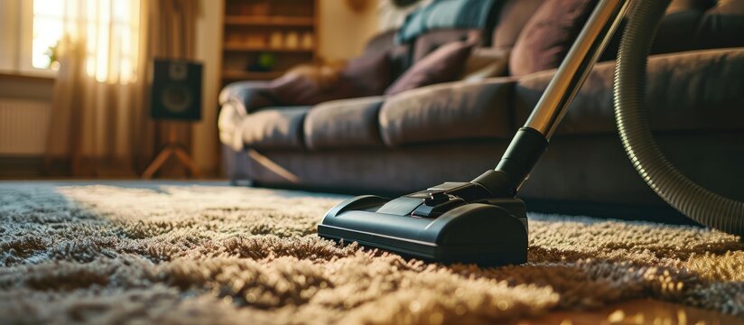 Brown carpet with vacuum cleaner in living room. Creative Banner. Copyspace image