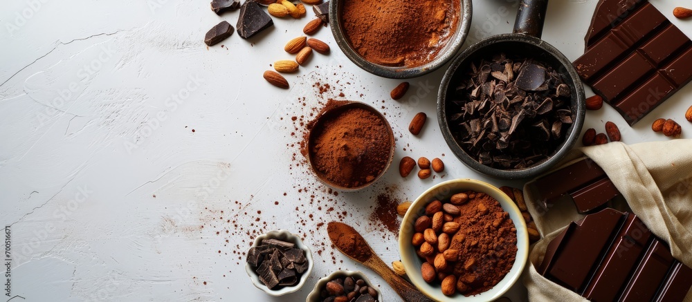 Aufkleber cocoa drink and cocoa powder in wooden spoon isolated on white background top view flat lay. creativ