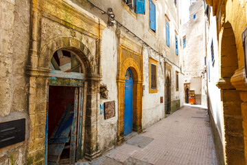 Fototapeta na wymiar Facade of old houses in the medina of Essaouira, Morocco, North Africa