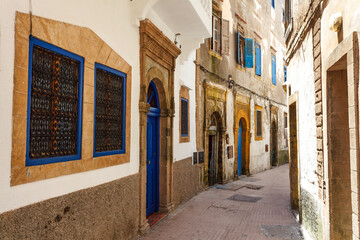 Facade of old houses in the medina of Essaouira, Morocco, North Africa