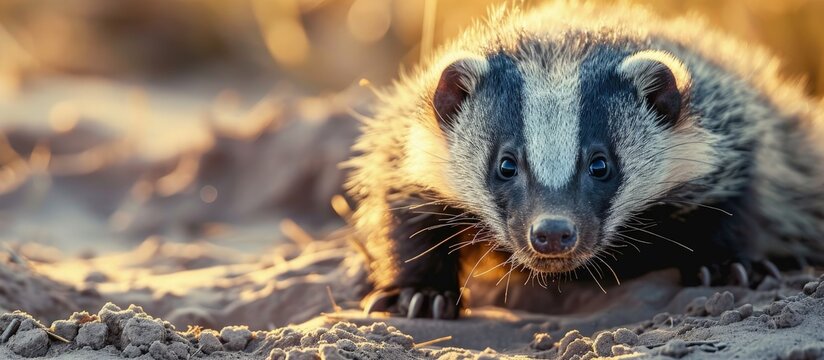african honey badger or Mellivora capensis in kruger national park south africa. Creative Banner. Copyspace image