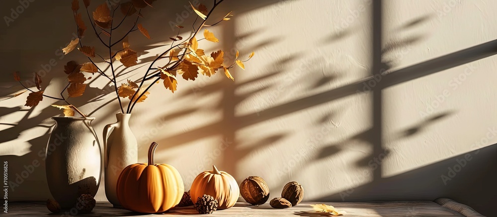 Aufkleber A minimalist autumn landing on a brown table and shadows on the wall. Creative Banner. Copyspace image