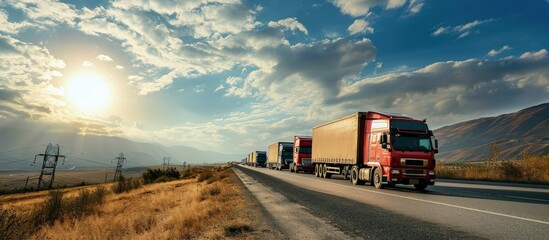 Fleet or Convoy of big transportation trucks in line on a countryside highway under a blue sky. Creative Banner. Copyspace image