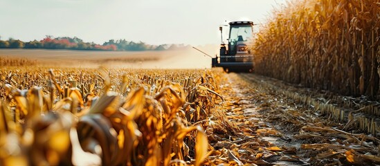 Machinery harvester collecting maize on field for further proccessing into animal food. Creative Banner. Copyspace image